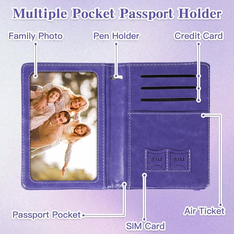 RHOttbiy Passport Holder for Travel, RFID Blocking Passport Cover with Pen Holder Leather Passport Wallet Case Travel Must Haves Accessories Passport Book Card Holder for Family Travel Essentials, Dark Purple - Image 5